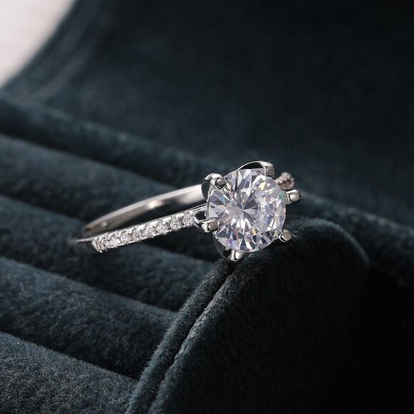 🌸DIAMOND SOLITAIRE FLOWER ROUND BRILLIANT CUT CZ WEDDING RING, K766 - Picture 6 of 9